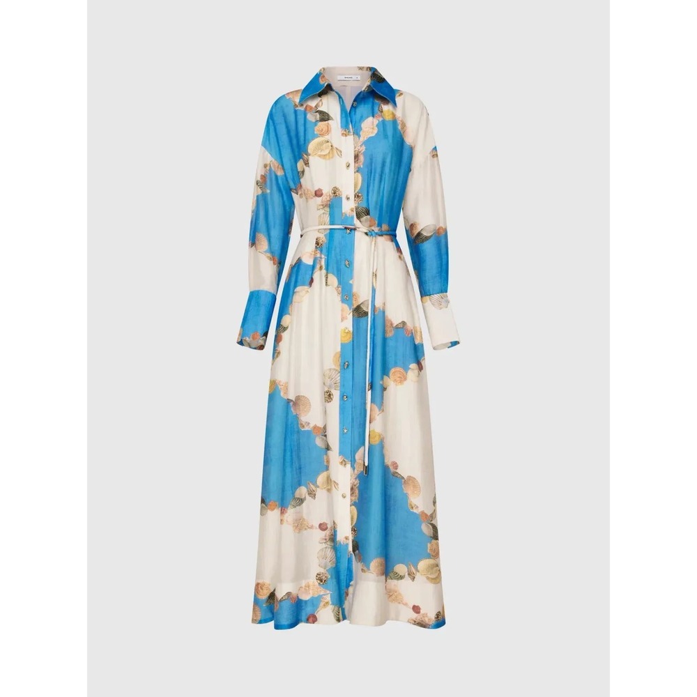 Caroline Constas Blue White Seashell Print Maxi Shirt Dress NWT Size L